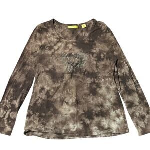 Brown Tie Dye Rhinestone Bling Long Sleeve Top Y2K Style Size XL